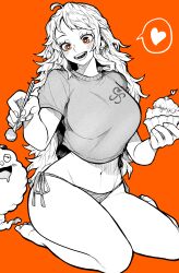 Rule 34 | 1girl, absurdres, bikini, breasts, food, greyscale, greyscale with colored background, heart, highres, holding, holding food, holding spoon, large breasts, long hair, midriff, monochrome, nami (one piece), navel, one piece, open mouth, orange background, orange eyes, shirt, short sleeves, side-tie bikini bottom, sitting, soles, spoken heart, spoon, swimsuit, t-shirt, teeth, toes, wariza, yotsumi shiro, zeus (one piece)