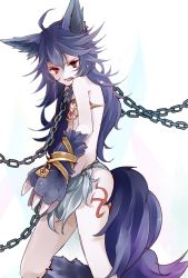 Rule 34 | 1girl, ahoge, animal ears, animal hands, bad id, bad pixiv id, bare shoulders, blue hair, chain, fang, fenrir (shingeki no bahamut), granblue fantasy, hair between eyes, kinui (mukuxxx), lock, long hair, looking at viewer, red eyes, solo, tail, thighs, white background, wolf ears, wolf girl, wolf tail