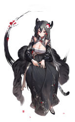 Rule 34 | 1girl, absurdres, animal ears, black eyes, black footwear, black skirt, breasts, charles (106858), chest sarashi, commentary, commentary request, detached sleeves, english commentary, full body, hair between eyes, heterochromia, highres, holding, large breasts, long hair, long skirt, long sleeves, looking at viewer, original, puffy long sleeves, puffy sleeves, red eyes, sarashi, shawl, shoes, skirt, smile, solo, tail, tiger ears, tiger tail