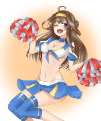 Rule 34 | 1girl, ;d, ahoge, alternate costume, bare shoulders, blue skirt, breasts, brown hair, cheerleader, cleavage, double bun, feet out of frame, hairband, highres, kantai collection, kongou (kancolle), large breasts, long hair, looking to the side, midriff, navel, nyasaku, one eye closed, open mouth, pom pom (cheerleading), simple background, skirt, smile, solo, yellow hairband
