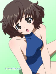 Rule 34 | 1girl, akiyama yukari, blue one-piece swimsuit, blush, breasts, brown eyes, brown hair, girls und panzer, green background, highres, large breasts, looking at viewer, naotosi, one-piece swimsuit, open mouth, shiny skin, short hair, simple background, skindentation, solo, swimsuit