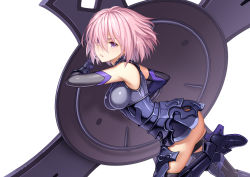 Rule 34 | 1girl, armor, armored dress, breasts, fate/grand order, fate (series), gloves, hair over one eye, large breasts, light purple hair, looking at viewer, mash kyrielight, open mouth, porikeracchou, purple eyes, purple gloves, shield, short hair, simple background, solo, white background