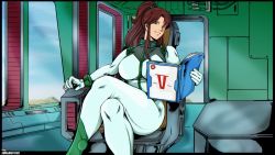 Rule 34 | 1980s (style), 1girl, absurdres, bishoujo senshi sailor moon, black border, book, border, breasts, brown hair, commentary, crossover, english commentary, gloves, green eyes, green gloves, gundam, hair behind ear, highres, holding, holding book, kino makoto, large breasts, crossed legs, long hair, looking up, mobile suit gundam, oldschool, pilot suit, ponytail, retro artstyle, retroanimechris, sitting, smile, solo, thick thighs, thighs, window