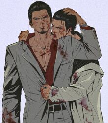 Rule 34 | 2boys, bara, blood, blood on face, character request, clothes tug, collared shirt, facial hair, fighting, frown, genandnak, goatee stubble, hand on another&#039;s head, kiryu kazuma, looking at viewer, male focus, mature male, messy hair, multiple boys, nosebleed, off shoulder, pectoral cleavage, pectorals, ryuu ga gotoku (series), ryuu ga gotoku 0, shirt, short hair, stubble, thick eyebrows, tongue, tongue out, yakuza, yaoi