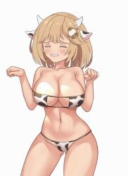 Rule 34 | 1girl, animal ears, animal print, animated, animated gif, bikini, blonde hair, blush, breasts, cleavage, cow ears, cow horns, cow print, cow print bikini, dancing, embarrassed, gluteal fold, highres, hololive, hololive english, honkivampy, horns, large areolae, large breasts, looping animation, meme, mole, mole on breast, navel, print bikini, sad cat dance (meme), short hair, simple background, solo, standing, swimsuit, underboob, virtual youtuber, watson amelia, white background