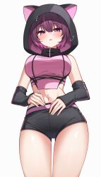 1girl absurdres animal_ears animal_hood arm_warmers bare_shoulders black_shorts breasts cowboy_shot crop_top fake_animal_ears highres hood jururu large_breasts looking_at_viewer midriff multicolored_hair navel navel_piercing open_mouth piercing pink_shirt purple_eyes purple_hair shirt short_hair short_shorts shorts simple_background sleeveless sleeveless_shirt solo stomach streaked_hair thighs virtual_youtuber waktaverse white_background ziro_(zirorong)