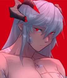 Rule 34 | 1girl, arknights, bandage on face, bandages, blood, blood on chest, breasts, broken horn, cleavage, closed mouth, collarbone, commentary, dragon horns, english commentary, frown, horns, kimmy tsunami, long hair, looking at viewer, nude, red background, red eyes, saria (arknights), scar, scar on breasts, silver hair, simple background, solo, upper body