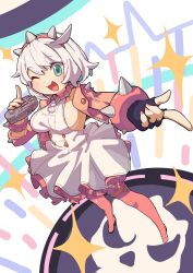 Rule 34 | 1girl, ahoge, black gloves, boots, bracelet, breasts, collar, dress, elphelt valentine, frilled dress, frills, full body, gloves, green eyes, greentanuki, guilty gear, guilty gear strive, hairband, highres, holding, holding microphone, huge ahoge, jacket, jewelry, large breasts, long sleeves, looking at viewer, microphone, open mouth, pink dress, pink footwear, pink hairband, pink jacket, short hair, sideboob, smile, spiked bracelet, spiked collar, spiked hairband, spikes, standing, thigh boots, white dress, white hair