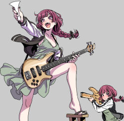 Rule 34 | 1girl, absurdres, arched soles, arm up, bass guitar, black bow, black jacket, black nails, blunt bangs, blush, bocchi the rock!, bow, braid, braided ponytail, breasts, collarbone, dress, electric guitar, feet, foot out of frame, geta, green dress, grey background, guitar, hair bow, highres, hiroi kikuri, holding, holding bass guitar, holding instrument, instrument, jacket, legs, long hair, long sleeves, looking at viewer, medium breasts, multicolored clothes, multicolored jacket, multiple views, nail polish, open clothes, open jacket, open mouth, outstretched arm, purple eyes, purple hair, ringed eyes, sandals, shadow, sharp teeth, short dress, simple background, sleeveless, sleeveless dress, standing, standing on one leg, teeth, toenail polish, toenails, toes, track jacket, two-tone jacket, upper body, white jacket, yamashita shun&#039;ya