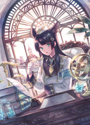 Rule 34 | 1girl, :o, aiguillette, animal ear fluff, animal ears, armband, armchair, badge, balance scale, black hair, book, book stack, breast hold, breasts, brown necktie, building, cat ears, chair, coat, commentary request, crystal, cup, day, desk, dutch angle, ear piercing, extra ears, glint, gloves, green eyes, hair ornament, hairclip, hat, highres, holding, holding cup, indoors, ink bottle, jar, long hair, long sleeves, medium breasts, military, military uniform, necktie, open mouth, original, paper, piercing, plant, quill, sidelocks, sitting, sleeve cuffs, solo, straight hair, suzaku (zaku6584), swept bangs, teacup, uniform, upper body, weighing scale, white coat, white gloves, white hat, window, wing collar