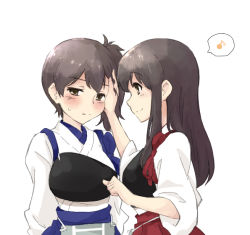 Rule 34 | 10s, 2girls, akagi (kancolle), black eyes, blush, brown hair, hand on another&#039;s cheek, hand on another&#039;s face, hatamichi mihiro, kaga (kancolle), kantai collection, long hair, michibata5656, multiple girls, muneate, musical note, open mouth, quaver, short hair, side ponytail, simple background, smile, speech bubble, spoken musical note, tasuki, white background
