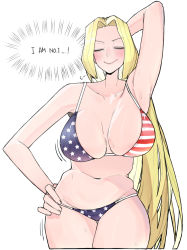 Rule 34 | 1girl, america (ohasi), american flag, american flag bikini, american flag print, armpits, bikini, blonde hair, breasts, cleavage, collarbone, flag print, highres, large breasts, long hair, looking at viewer, model pose, navel, ohasi, original, simple background, smile, solo, swimsuit, white background