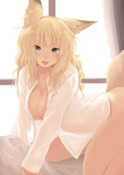Rule 34 | 1girl, :p, all fours, animal ears, backlighting, batta (kanzume quality), blonde hair, bottomless, breasts, fox ears, fox girl, fox tail, green eyes, large breasts, long hair, naked shirt, nib pen (medium), on bed, open clothes, original, shirt, solo, tail, tongue, tongue out, traditional media, wavy hair, window