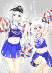 Rule 34 | 2girls, absurdres, aiu eo, alternate hairstyle, animal ears, arm up, armpits, azur lane, blue eyes, blush, cat ears, cheerleader, collarbone, enterprise (azur lane), fang, hair ribbon, hammann (azur lane), hat, highres, long hair, looking at viewer, military hat, multiple girls, navel, open mouth, pom pom (cheerleading), ribbon, shirt, silver hair, sleeveless, sleeveless shirt, twintails