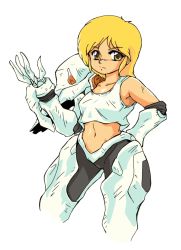Rule 34 | 1980s (style), 1girl, armor, blonde hair, camisole, cowboy shot, cropped legs, dragon&#039;s heaven, facing viewer, hand on own hip, ikuuru, long hair, looking at viewer, midriff, navel, oldschool, power suit, retro artstyle, simple background, solo, standing, tank top, white background