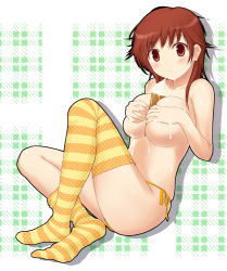 Rule 34 | 1girl, amagami, between breasts, blush, breasts, breasts squeezed together, brown eyes, brown hair, covering breasts, covering privates, feet, food, ice cream, ice cream cone, kusaka maichi, large breasts, loose thighhigh, multicolored clothes, multicolored legwear, no shoes, orange thighhighs, panties, polka dot, polka dot legwear, sakurai rihoko, sexually suggestive, side-tie panties, sock pull, solo, striped clothes, striped thighhighs, suggestive fluid, thighhighs, topless, underwear, underwear only, yellow panties, yellow thighhighs