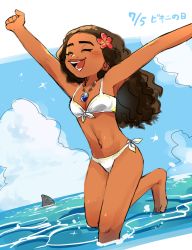 Rule 34 | 1girl, :d, ^ ^, animal, armpits, arms up, bare legs, barefoot, bikini, black hair, blue sky, breasts, cleavage, closed eyes, closed mouth, cloud, cloudy sky, contemporary, curly hair, dark-skinned female, dark skin, dated, day, disney, dutch angle, closed eyes, flower, hair flower, hair ornament, hibiscus, jewelry, long hair, moana (movie), moana waialiki, navel, necklace, open mouth, outdoors, outstretched arms, pano (mohayayamai), partially submerged, red flower, shark, shark fin, sky, small breasts, smile, solo, standing, standing on one leg, stomach, submerged, swimsuit, teeth, thick eyebrows, translated, water, white bikini, white one-piece swimsuit