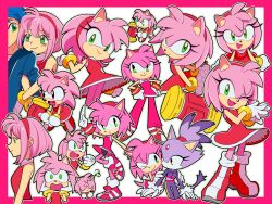 Rule 34 | 1boy, 2girls, amy rose, anger vein, animal ears, animal nose, arm up, bare shoulders, blaze the cat, blue hair, blue jacket, blush, boots, border, bracelet, cat ears, cat girl, cat tail, clenched hand, clenched hands, closed eyes, closed mouth, collared shirt, dress, eyelashes, forehead jewel, full body, fur-trimmed sleeves, fur trim, furry, furry female, gem, gloves, gold bracelet, green eyes, hairband, hammer, hand up, hands on own face, hands on own hips, hands up, hedgehog ears, hedgehog girl, hedgehog tail, highres, holding, holding hammer, holding weapon, humanization, jacket, jewelry, long sleeves, looking at another, looking at viewer, looking to the side, miijiu, multiple girls, one eye closed, open mouth, outside border, pants, pink border, pink dress, pink footwear, pink fur, pink hair, pink pants, purple fur, purple pants, purple shirt, red dress, red footwear, red gemstone, red hairband, shirt, shoes, short hair, simple background, sleeveless, sleeveless dress, smile, sneakers, socks, sonic (series), sonic the hedgehog, t-shirt, tail, topknot, toy hammer, turtleneck, turtleneck dress, two-tone footwear, upper body, weapon, white background, white footwear, white gloves, white socks, yellow eyes