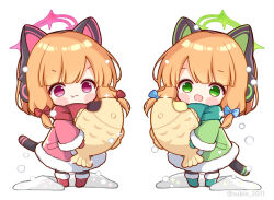 Rule 34 | 2girls, animal ear headphones, animal ears, black thighhighs, blonde hair, blue archive, blue bow, boots, bow, coat, fake animal ears, food, full body, fur-trimmed boots, fur-trimmed sleeves, fur trim, green coat, green eyes, green footwear, green halo, green scarf, hair bow, halo, headphones, holding, holding food, long sleeves, midori (blue archive), momoi (blue archive), multiple girls, pink coat, pink halo, red eyes, red footwear, red scarf, scarf, short hair, siblings, simple background, sisters, subin (subin 2011), thighhighs, twintails, twitter username, white background, wide sleeves