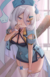 Rule 34 | 1girl, absurdres, bandages, blush, breasts, collarbone, commentary request, filkia, ghost, grey hair, hair between eyes, hair ornament, hairclip, hat, highres, leaning forward, licking lips, looking back, medium breasts, nurse, suzutuki sui, thighhighs, thighs, tongue, tongue out, varium, virtual youtuber, window