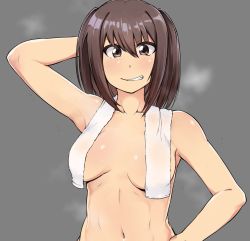 Rule 34 | 1girl, arm behind head, breasts, brown eyes, brown hair, collarbone, hand on own hip, kaauchi, kantai collection, medium breasts, navel, nude, sendai (kancolle), smile, solo, steam, towel, towel around neck, two side up, upper body