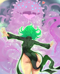 Rule 34 | 1girl, alien, ass, ass focus, aura, back, bare legs, battle, black dress, bottomless, breasts, creature, curly hair, curvy, d1975, dress, drooling, energy, extra eyes, female focus, from behind, glowing, green hair, heart, hip focus, huge ass, long sleeves, looking at another, monster, no panties, one-punch man, open mouth, outstretched arms, partially visible vulva, pelvic curtain, psychic, pussy, pussy peek, saliva, sexually suggestive, shiny skin, short hair, size difference, slime (substance), small breasts, spread arms, tatsumaki, telekinesis, tentacles, thighs, tongue, wide hips, wind, wind lift, you gonna get raped