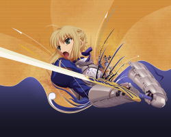 Rule 34 | 00s, ahoge, armor, artoria pendragon (all), artoria pendragon (fate), blonde hair, fate/stay night, fate (series), gauntlets, green eyes, saber (fate), short hair, solo, sword, weapon