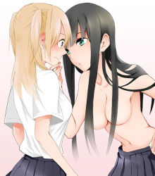 Rule 34 | 2girls, aqua eyes, armpits, bad id, bad pixiv id, bare shoulders, black hair, blonde hair, blush, boyoyon48, breasts, censored, cleavage, collarbone, convenient censoring, ear blush, eye contact, female focus, grabbing another&#039;s chin, gradient background, green eyes, hair censor, hair over breasts, hand on own hip, hime cut, imminent kiss, leaning, leaning forward, long hair, looking at another, multiple girls, navel, nervous, open clothes, open mouth, open skirt, original, panties, purple eyes, red eyes, school uniform, shy, simple background, skirt, topless, twintails, two side up, underwear, undressing, very long hair, white panties, yuri
