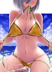 Rule 34 | absurdres, ayakase hotaru, bare shoulders, bikini, bikini in mouth, bikini top only, blue sky, blush, breasts, clothes in mouth, cloud, collarbone, day, groin, hair over one eye, hamakaze (kancolle), highres, holding, holding bikini, holding bikini top, holding clothes, holding swimsuit, kantai collection, large breasts, mouth hold, navel, ocean, outdoors, short hair, silver hair, sitting, sky, solo, splashing, stomach, swimsuit, thighs, untied bikini, untied bikini bottom, water, waves, wet