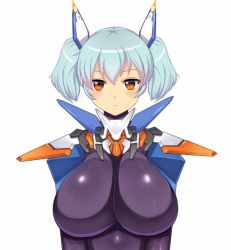 Rule 34 | 1girl, animated, animated gif, blue hair, blush, bouncing breasts, breasts, emofuri, huge breasts, jiggle, looking at viewer, medium hair, open mouth, orange eyes, simple background, smile, solo, standing, twintails, upper body, vuccha, white background, yellow eyes