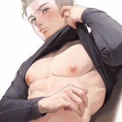 Rule 34 | 1boy, bare pectorals, black shirt, blonde hair, blush, brown eyes, closed mouth, clothes lift, large pectorals, looking at viewer, m gyakutai, male focus, megido72, muscular, muscular male, nipples, pectorals, ronove (megido72), shirt, shirt lift, short hair, simple background, solo