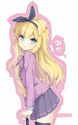 Rule 34 | 1girl, :o, black hairband, black ribbon, black thighhighs, blazer, blonde hair, blush, commentary request, green eyes, hair between eyes, hair ribbon, hairband, head tilt, highres, isurugi mio, jacket, leaning forward, long hair, looking at viewer, looking to the side, mimura zaja, mm!, neck ribbon, parted lips, pink jacket, purple skirt, red ribbon, ribbon, skindentation, skirt, solo, thighhighs, translation request, very long hair, white background