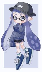 Rule 34 | 1girl, absurdres, black hat, black shorts, blue background, blue footwear, blue hair, blue sweater, blue trim, border, closed mouth, commentary request, cross-laced footwear, full body, grey eyes, hat, highres, inkling, inkling girl, inkling player character, long hair, myon rio, nintendo, pointy ears, shoes, short shorts, shorts, simple background, sleeves past fingers, sleeves past wrists, socks, solo, splatoon (series), sweater, tentacle hair, thick eyebrows, white border, white socks