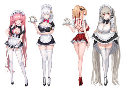 Rule 34 | 4girls, ^ ^, absurdly long hair, alternate costume, ass, azur lane, back, between breasts, black footwear, blonde hair, blush, bow, bowtie, breasts, cleavage, closed eyes, creator connection, cup, formidable (azur lane), frills, glorious (azur lane), grey hair, hair ornament, high heels, highres, long hair, maid, maid headdress, multiple girls, perseus (azur lane), pink eyes, pink hair, ponytail, purple eyes, red eyes, red footwear, short hair, sirius (azur lane), smile, solaris (sinhyg), teacup, teapot, thighhighs, thighs, tray, twintails, very long hair, white legwear, wrist cuffs
