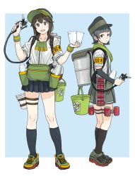 Rule 34 | 2girls, :d, arare (kancolle), arm warmers, armband, black socks, blue background, brown hair, bucket, can, commentary request, drink can, full body, green eyes, grey hair, gufu (guffuumu), hat, hayasui (kancolle), kantai collection, kneehighs, looking at viewer, multiple girls, open mouth, pleated skirt, repair bucket, shoes, short hair, skirt, smile, sneakers, socks, soda can, standing, thigh strap, two-tone background, visor cap, white background, wristband