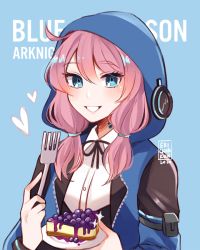 Rule 34 | 1girl, 2020, arknights, black ribbon, blue background, blue eyes, blue jacket, blue poison (arknights), blush, character name, cheesecake, coll (erichankun), commentary request, copyright name, food, fork, grin, hair between eyes, heart, holding, holding fork, holding plate, hood, hooded jacket, jacket, long hair, looking at viewer, low twintails, neck ribbon, pink hair, plate, ribbon, shirt, simple background, smile, solo, twintails, upper body, white shirt