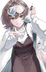 1girl absurdres apron arknights blue_nails breasts brown_apron brown_eyes brown_hair choker coat cowboy_shot fingerless_gloves fingernails gloves goggles goggles_on_head highres holding holding_brush looking_at_viewer makeup_brush nail_polish open_mouth roberta_(arknights) shirt short_hair smile solo white_choker white_coat white_gloves white_shirt zarwyp