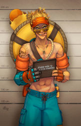 Rule 34 | 1boy, abs, absurdres, alternate costume, artist name, beachrat, blonde hair, bracelet, character name, fingerless gloves, fire, gloves, highres, jewelry, junkrat (overwatch), male focus, nail polish, necklace, overwatch, overwatch 1, solo, sunglasses, swimsuit, tattoo, teeth, tongue, tongue out, topless male, whitney lanier