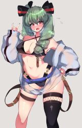 Rule 34 | absurdres, anchovy (girls und panzer), bikini, black bikini, black legwear, blue nails, blush, breasts, cleavage, criss-cross halter, drill hair, fang, girls und panzer, green hair, halterneck, halterneck, highres, kshimu, large breasts, long hair, looking at viewer, nail polish, navel, open mouth, pink eyes, single thighhigh, skin fang, swimsuit, thighhighs, twin drills