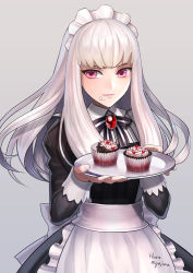 Rule 34 | 1girl, alternate costume, apron, black dress, blunt bangs, blush, brooch, commentary request, cupcake, dress, enmaided, expressionless, fire emblem, fire emblem: three houses, food, food on face, grey background, haru (toyst), holding, holding tray, icing, jewelry, light blush, long hair, lysithea von ordelia, maid, maid apron, maid headdress, nintendo, pink eyes, signature, silver hair, simple background, solo, tray