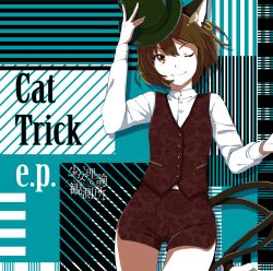 Rule 34 | 1girl, adapted costume, album cover, alternate costume, animal ear fluff, animal ear piercing, animal ears, aqua background, bad source, brown eyes, brown hair, buttons, cat ears, cat girl, cat tail, chen, circle name, close-up, closed mouth, collared shirt, cover, earrings, english text, eyelashes, fingernails, girls logic observatory, green hat, hand on headwear, hat, highres, hoop earrings, jewelry, long sleeves, looking at viewer, multiple tails, nekomata, one eye closed, outstretched hand, plaid, plaid background, pocket, red shorts, red vest, shirt, short hair, short shorts, shorts, simple background, smile, solo, tail, top hat, touhou, two tails, v-shaped eyebrows, vest, white shirt, white sleeves, witoi (roa)