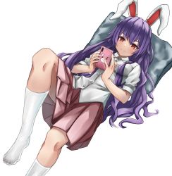 Rule 34 | 1girl, animal ears, blush, breasts, cellphone, foot out of frame, hair between eyes, highres, holding, kneehighs, long hair, looking at phone, lying, miniskirt, necktie, no shoes, on back, phone, pink skirt, pleated skirt, purple hair, rabbit ears, ramiki, red eyes, reisen udongein inaba, shirt, short sleeves, skirt, smartphone, smile, socks, solo, touhou, very long hair, white background, white shirt, white socks