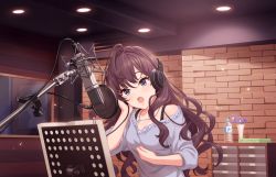 Rule 34 | 10s, 1girl, artist request, blue eyes, bottle, breasts, brown hair, collarbone, flower pot, ichinose shiki, idolmaster, idolmaster cinderella girls, idolmaster cinderella girls starlight stage, jewelry, long hair, medium breasts, microphone, music, necklace, official art, open mouth, singing, solo, water bottle, wavy hair