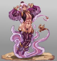Rule 34 | 1girl, abs, alternate costume, alternate hairstyle, breasts, commentary request, cuffs, dark-skinned female, dark skin, earrings, facial tattoo, flexing, full body, genie, genie (monster girl encyclopedia), gold, hair ornament, hat, highres, jewelry, lamp, large breasts, looking at viewer, medium hair, monster girl, monster girl encyclopedia, muscular, muscular female, navel, panties, pink eyes, pink hair, pointy ears, simple background, smile, smoke, solo, tattoo, thick thighs, thighhighs, thighs, udetamago, underwear