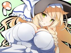 Rule 34 | 1girl, aged up, alternate costume, alternate hairstyle, bonnet, braid, breasts, dress, female focus, impossible clothes, impossible dress, invincible marisa, kirisame marisa, large breasts, long hair, mushroom, new super marisa land, simple background, single braid, solo, tenpesuto, touhou, upper body, yellow eyes