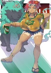 Rule 34 | 1girl, anklet, arc system works, blue eyes, breasts, can, chikoinochi, crop top, drink can, earrings, feet, giovanna (guilty gear), guilty gear, guilty gear strive, highres, jewelry, large breasts, necklace, red hair, rei (guilty gear), sandals, shorts, soda can, sunglasses, sunglasses on head, tan, underboob