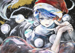 Rule 34 | 1girl, blue eyes, blue hair, calligraphy brush, doremy sweet, hat, ikeda ruriko, looking at viewer, lying, on stomach, open mouth, paintbrush, painting (medium), santa hat, solo, touhou, traditional media