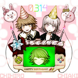 Rule 34 | 10s, 1boy, 1girl, alter ego, bad id, bad pixiv id, balloon, bow, brown eyes, brown hair, candle, character name, chocolate, chocolate icing, danganronpa (series), danganronpa 2: goodbye despair, ear bow, father and daughter, flipped hair, fujisaki chihiro, handheld game console, happy birthday, hat, highres, icing, monomi (danganronpa), nanami chiaki, party hat, purple eyes, rokuichi (bluelamp61), school uniform, silver hair, smile, spoilers, trap
