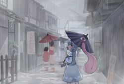 Rule 34 | 4girls, black hair, black umbrella, blue eyes, blue hair, blue kimono, blue skirt, blue umbrella, building, colored eyelashes, commentary request, day, green vest, hair between eyes, heterochromia, highres, holding, holding umbrella, japanese clothes, juliet sleeves, kibisake, kimono, long sleeves, looking at viewer, looking back, multiple girls, obi, oil-paper umbrella, outdoors, pink kimono, puffy sleeves, rain, red eyes, red umbrella, sash, shirt, skirt, solo focus, standing, tatara kogasa, tongue, tongue out, touhou, umbrella, vest, village, white shirt