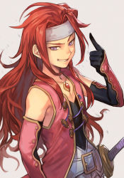 Rule 34 | 1boy, bare shoulders, gloves, headband, hungry clicker, long hair, male focus, pink vest, pointing, purple eyes, raised eyebrow, red hair, simple background, smile, solo, tales of (series), tales of symphonia, vest, weapon, white background, zelos wilder